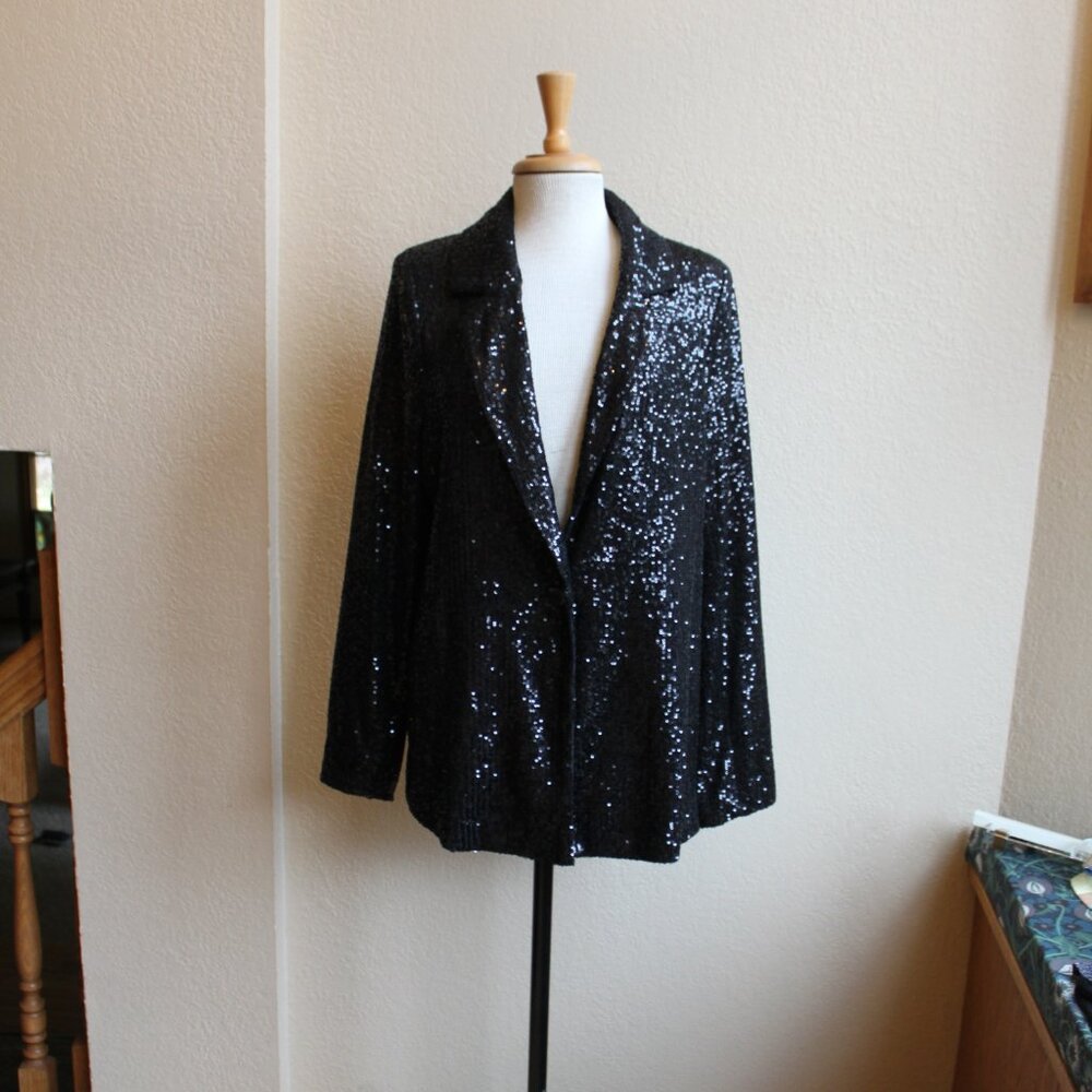 Nine West New Festive Sparkling Black Sequin One Button Blazer 0X 14W